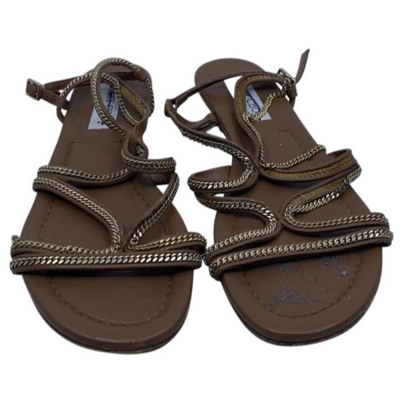 Jimmy Choo Brown Nickel Flat Tan Leather With Chain Sandals Size Eu - Picture 1 of 5